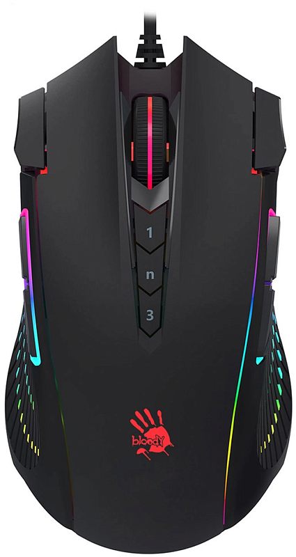 Фото-1 Мышь A4Tech Bloody J90S, вид строго сверху; чёрный корпус с красным логотипом Bloody, колесом прокрутки с красной световой полосой и тремя дополнительными кнопками 1, N, 3 под колесом, по бокам видна RGB-подсветка; фото показывает верхнюю раскладку кнопок для страницы товара игровой мыши.