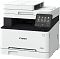 Фото-1 МФУ Canon i‑SENSYS MF655Cdw, ракурс спереди справа: белый корпус с чёрной верхней частью, сенсорный экран на наклонном кронштейне, кнопка питания на правой панели, передний выход бумаги; важно для понимания элементов управления и фронтального доступа.