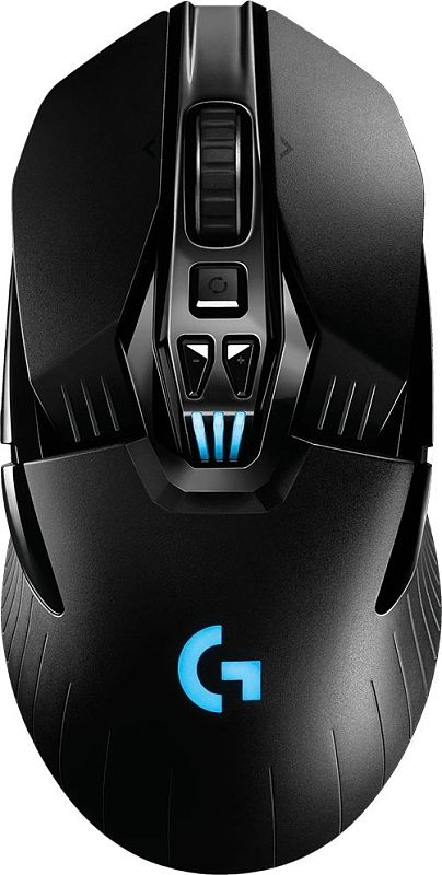 Фото-1 Беспроводная мышь Logitech G903 Lightspeed Hero, вид сверху; показаны чёрный корпус, колесо прокрутки, кнопка за колесом, две дополнительные кнопки под колесом и светящийся логотип G, изображение используется для идентификации игровой модели на странице товара.
