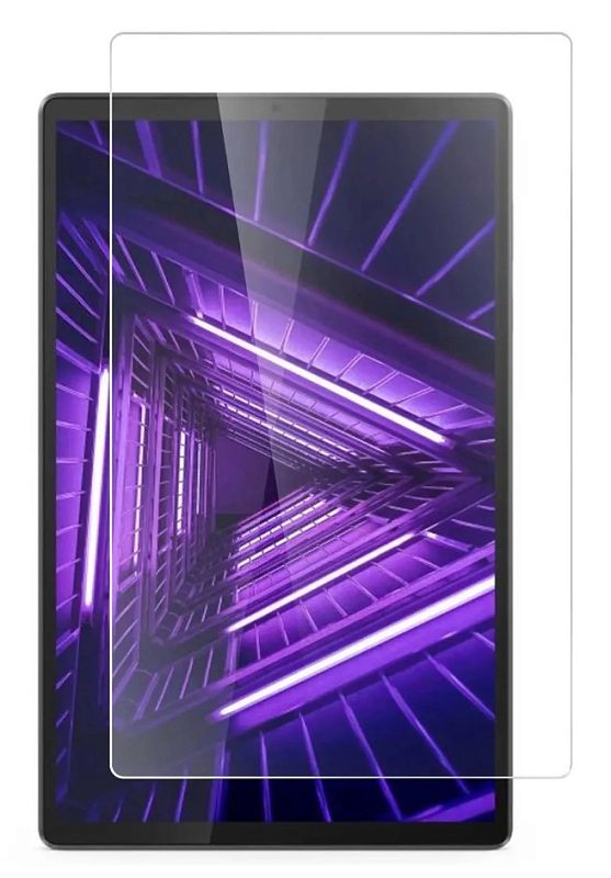Фото-1 Защитное стекло Borasco Hybrid Glass для Lenovo Tab M10 (TB-X306X/TB-X306F), демонстрация стекла на экране планшета, прозрачный прямоугольный контур без вырезов, белый фон, важно для оценки формы стекла под экран