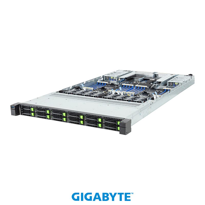 Фото-1 Серверная платформа Gigabyte R184-S92 rev. AAV1, вид спереди слева под углом со снятой крышкой; на фото показан ряд фронтальных отсеков 2,5 дюйма с зелёными фиксаторами, открытая верхняя часть корпуса и внутренняя компоновка с радиаторами и слотами памяти, что важно для страницы товара при показе шасси и внутреннего устройства.