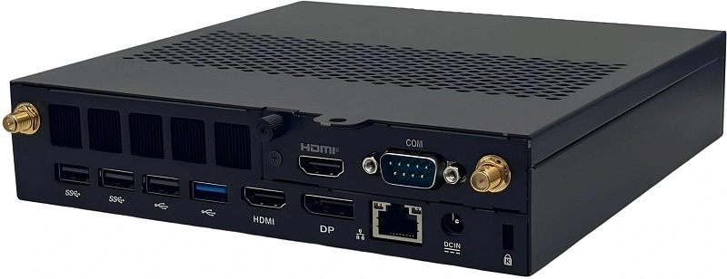 Фото-1 Неттоп iRU 310H6ITF Mini PC 2122065, вид сзади и сверху под углом; на фото чёрный прямоугольный корпус mini PC с вентиляционной решёткой на верхней панели, четырьмя USB-портами, HDMI, COM-портом, сетевым разъёмом RJ-45, гнездом питания и двумя антенными разъёмами; изображение показывает набор задних интерфейсов и компоновку корпуса для страницы товара.