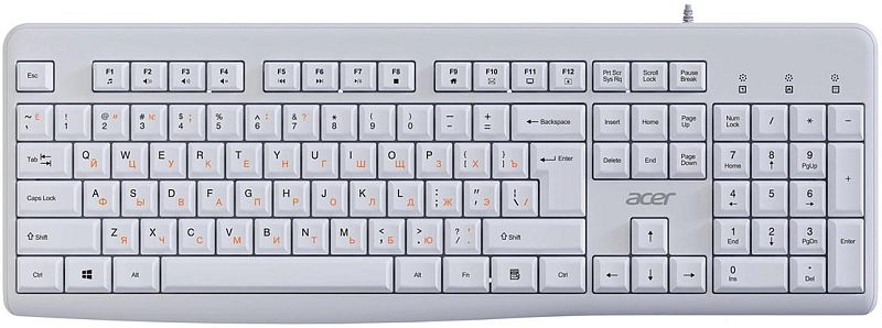 Фото-1 Клавиатура Acer OKW500, вид сверху. На фото проводная мембранная клавиатура белого цвета с цифровым блоком, русско-латинской раскладкой и рядом функциональных клавиш. Изображение важно для страницы товара, так как показывает раскладку, полноразмерный корпус и цвет исполнения.