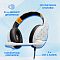 Фото-7 Наушники с микрофоном Oklick HS-L710G, информационная карточка с крупным планом чашки; видны RGB-подсветка, штанга микрофона, провод и подписи про регулятор громкости, включение подсветки и выключение микрофона на проводе. Подходит для страницы товара и показывает элементы управления и расположение микрофона.