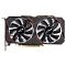 Фото-2 Видеокарта Ninja Sinotex Radeon RX 580, вид спереди; показаны два вентилятора, чёрный кожух с красными угловыми линиями и серебристые рёбра радиатора на фоне, цвет чёрный с красным; фото помогает в карточке товара рассмотреть лицевую панель и конструкцию охлаждения.