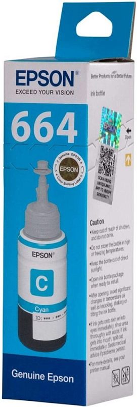 Фото-1 Чернила Epson 664 C13T664298, коробка спереди под углом на белом фоне; голубая коробка с крупной маркировкой 664 и изображением флакона Cyan, на боковой грани видны QR-код, стрелка Open и предупреждающий текст, объём 70 мл; изображение помогает распознать модель и цвет чернил на странице товара Epson.