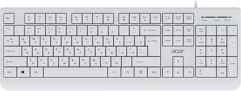 Фото-1 Клавиатура Acer OKW400, вид спереди сверху на белую проводную клавиатуру с цифровым блоком; видны полноразмерная раскладка, блок навигации, индикаторы Num Caps Scroll и логотип Acer по центру. Подходит для страницы товара, чтобы показать раскладку и цвет корпуса.