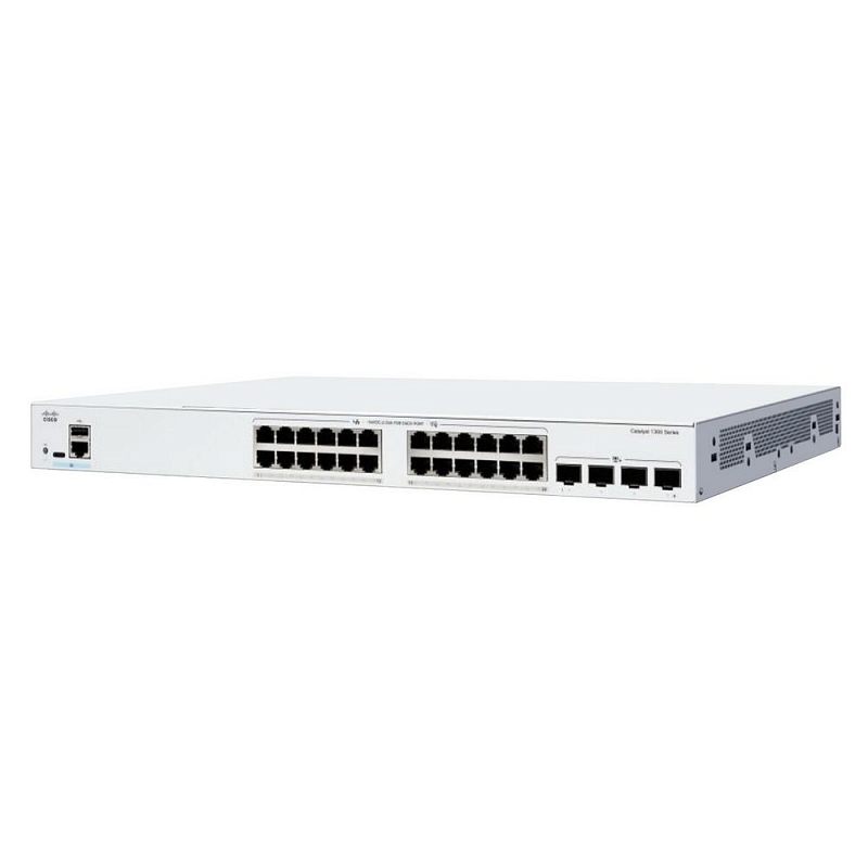 Фото-1 Коммутатор Cisco C1300-24T-4G, вид спереди справа под углом. На фото светло-серый корпус для стойки, 24 RJ45-порта в двух блоках, справа 4 гигабитных uplink-порта, слева сервисная зона с USB и консольными разъёмами, сбоку вентиляционная решётка. Это важно для страницы товара, потому что показывает конфигурацию интерфейсов и исполнение корпуса.