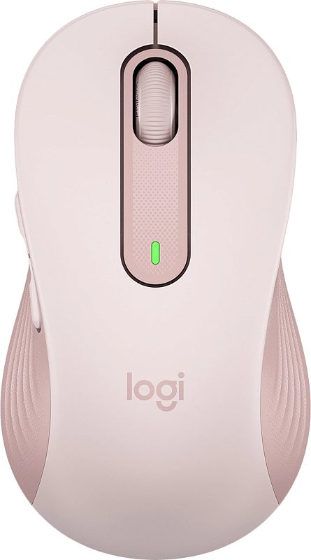 Фото-1 Беспроводная мышь Logitech M650 L, розовая, вид строго сверху; видны колесо SmartWheel, центральная вставка с зелёным индикатором, логотип logi и рифлёные боковые зоны хвата. Изображение для карточки товара, чтобы показать верхнюю компоновку и цвет модели.