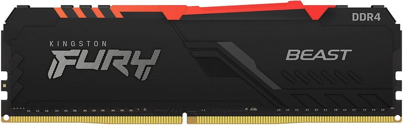 Фото-1 Модуль памяти Kingston FURY Beast KF432C16BB12A, фронтальный вид DIMM; чёрный радиатор, красно-оранжевая секция верхней RGB-полосы, видны надписи FURY, Beast и DDR4, изображение показывает дизайн модуля для страницы товара.