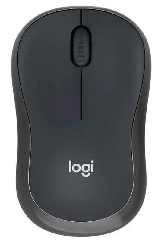 Фото-1 Беспроводная мышь Logitech M240, вид сверху; чёрный корпус с плавной симметричной формой, центральной линией разделения клавиш, рифлёным колесом прокрутки и логотипом logi на спинке, тёмно-серая окантовка по краю; фото показывает лаконичную верхнюю компоновку модели для страницы товара.