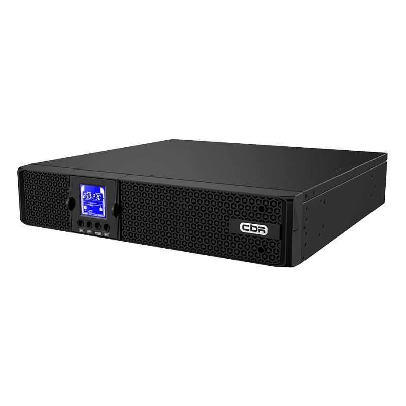 Фото-1 ИБП CBR Essence 1000 Rack 2U, фронтальный вид. На фото длинная чёрная лицевая панель с дисплеем по центру и вентиляционными секциями по бокам. Фото важно для страницы товара, потому что показывает стоечный форм-фактор и переднюю панель.