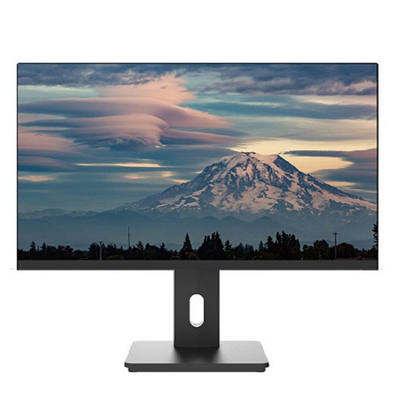 Фото-1 Монитор LIME F270L 27 дюймов, IPS, чёрный — фронтальный вид с включённым экраном; тонкие рамки, нижняя рамка немного шире, стойка с овальным отверстием и прямоугольная подставка; изображение показывает общий внешний вид лицевой панели для страницы товара.