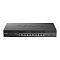 Фото-3 Коммутатор D-Link DXS-1210-10TS, фронтальный вид на светлом фоне; видны консольный порт, восемь RJ-45 портов, два SFP+ слота справа и индикаторы состояния, корпус чёрного цвета; изображение помогает детально рассмотреть лицевую панель.