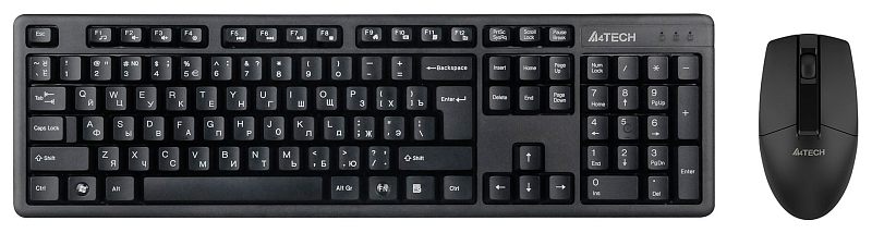 Фото-1 Комплект клавиатуры и мыши A4Tech 3330N, вид сверху: компактная клавиатура с цифровым блоком и мышь рядом, чёрный пластик, на белом фоне для понимания состава комплекта на странице товара.