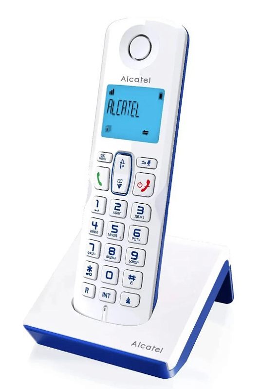 Фото-1 Радиотелефон DECT Alcatel S230, трубка на зарядной базе, белый корпус с синими боковыми вставками, синий экран и клавиши вызова; на белом фоне; важно для подтверждения цвета и расположения кнопок.