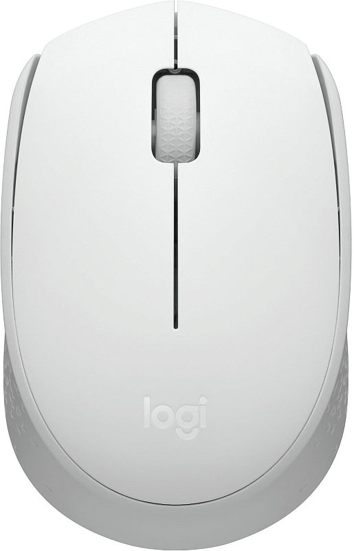 Фото-1 Беспроводная мышь Logitech M171, вид сверху. На фото белый корпус с центральным колёсиком, тонким разделительным швом между кнопками и логотипом logi у основания. Изображение важно для карточки товара, чтобы показать базовую форму и верхнюю панель мыши.