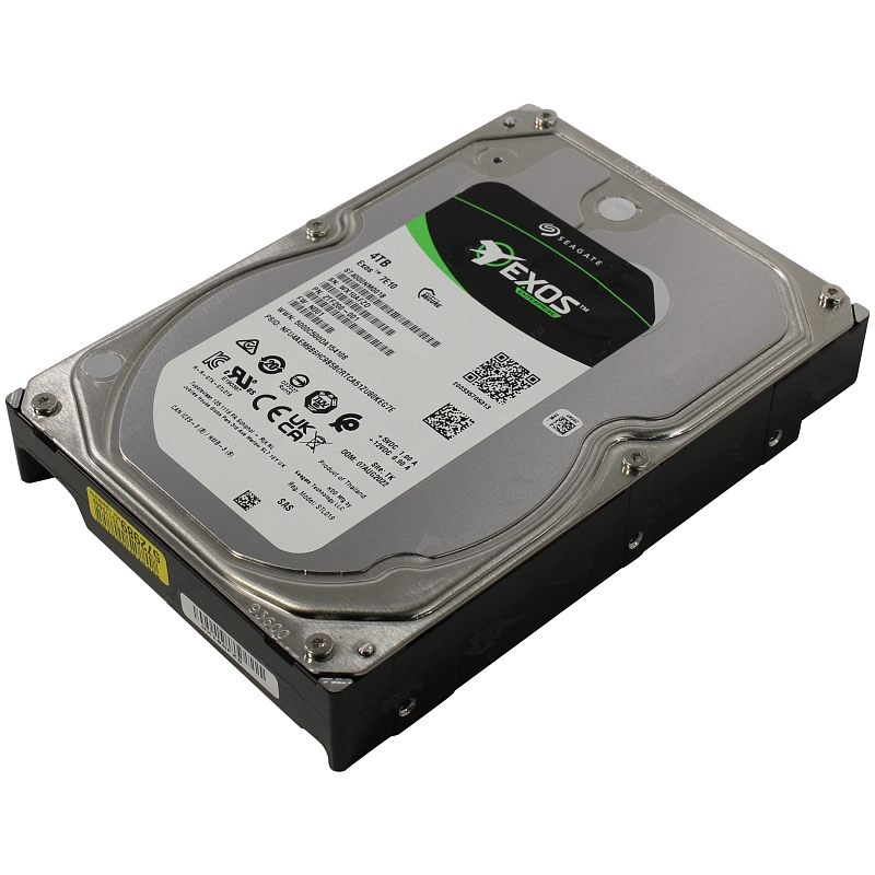 Фото-1 Жёсткий диск Seagate Exos 7E10 ST4000NM001B, вид под углом на серебристую крышку с фирменной наклейкой и обозначением 4TB, чёрный корпус и винты по периметру; показывает внешний вид 3.5" HDD для сверки модели на странице товара.