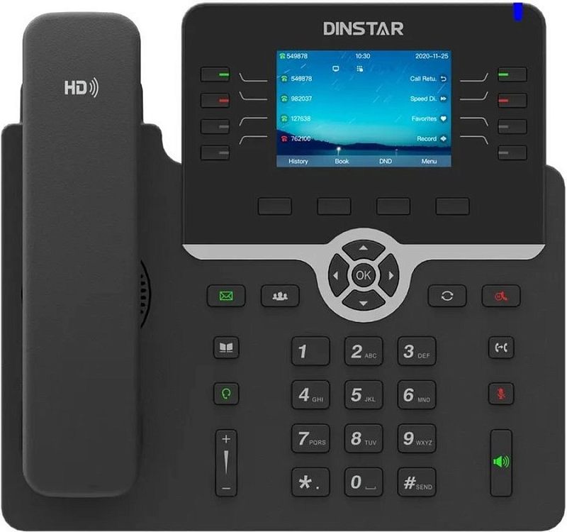 Фото-1 IP-телефон Dinstar C64GP, вид спереди: цветной экран, программируемые клавиши по бокам дисплея с индикаторами, 4 софт-кнопки под экраном, навигационная клавиша OK и цифровая клавиатура; чёрный корпус на белом фоне для понимания интерфейса и кнопок линий.
