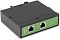 Фото-13 PoE‑инжектор DIGMA DNP90W48GDXM, крупный план торца с зелёной лицевой панелью; видны три порта RJ45 и шкала светодиодов справа; важно для уточнения количества сетевых разъёмов и индикации.