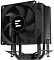 Фото-4 Кулер CPU Zalman CNPS4X Black, вид сбоку: чёрный вентилятор и плотный пакет чёрных пластин радиатора, снизу видна монтажная рамка и изгибы тепловых трубок. Белый фон &mdash; фото для понимания толщины радиатора и расположения элементов крепления.