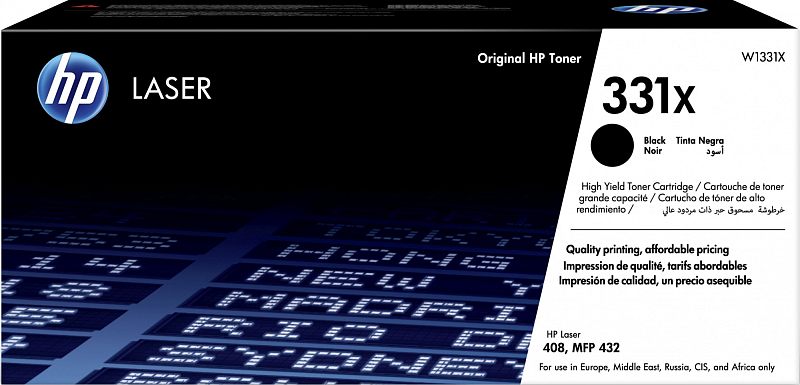 Фото-1 Тонер-картридж HP 331X W1331X, чёрный лазерный, лицевая сторона коробки крупным планом. Видны чёрно-белая упаковка HP Laser, крупная маркировка 331X и чёрная цветовая точка на правой панели. Фото важно для подтверждения модели и серии товара.