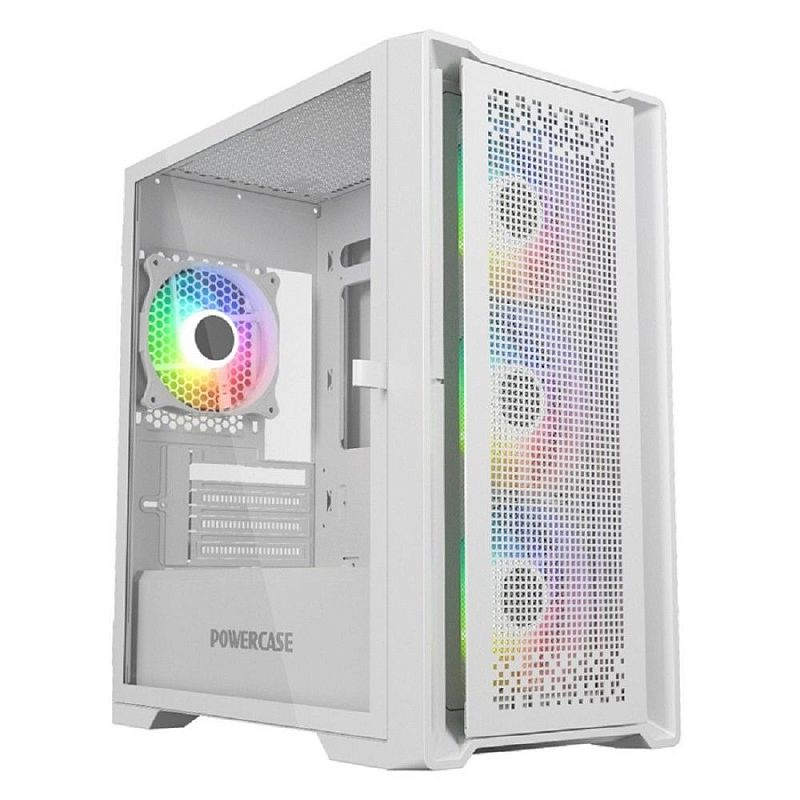 Фото-1 Корпус ПК Powercase Byteflow Micro, белый — вид под углом спереди; стеклянная боковая панель и фронтальная панель с квадратной перфорацией, за ней видны три вентилятора с подсветкой и задний вентилятор, внутри виден металлический каркас; фото на белом фоне показывает переднюю вентиляционную решётку и обзор через стекло.