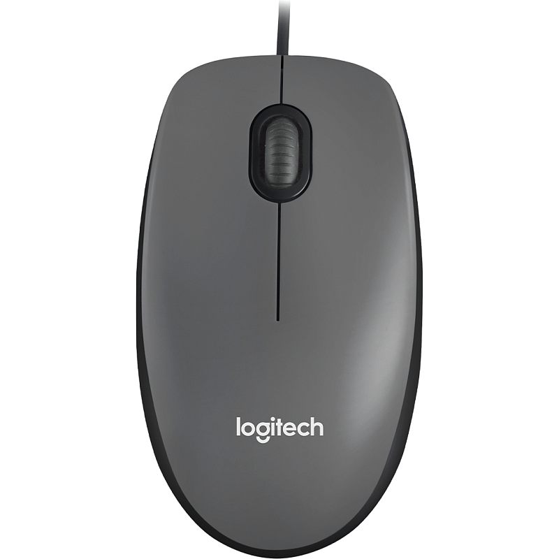 Фото-1 Мышь Logitech M90, проводная, серо-чёрный цвет, вид сверху; показаны овальный симметричный корпус, колесо прокрутки в чёрной рамке, центральный шов кнопок и кабель сверху; фото важно для страницы товара, потому что показывает внешний вид и компоновку классической проводной модели.