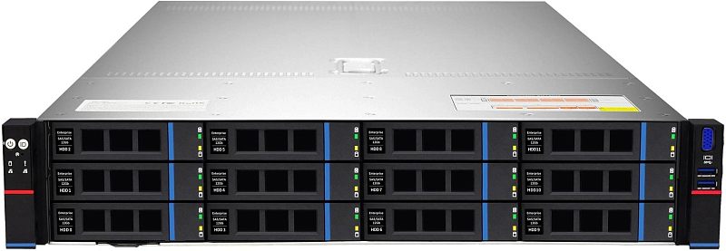Фото-1 Сервер iRU G2212iG4 12x3.5 Rack 2U, фронтальный вид корпуса под небольшим верхним углом; на фото видны 12 фронтальных отсеков Enterprise SAS SATA 12Gb в три ряда, чёрная передняя панель с синими вертикальными вставками, справа расположены VGA и два USB-порта; изображение показывает компоновку дисковых корзин и интерфейсов передней панели на странице товара сервера.