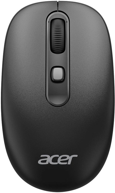 Фото-1 Беспроводная мышь Acer OMR502, вид сверху; на фото чёрный корпус, чёрное колесо прокрутки, кнопка на центральной панели и логотип Acer в нижней части; основное изображение товара для страницы модели.