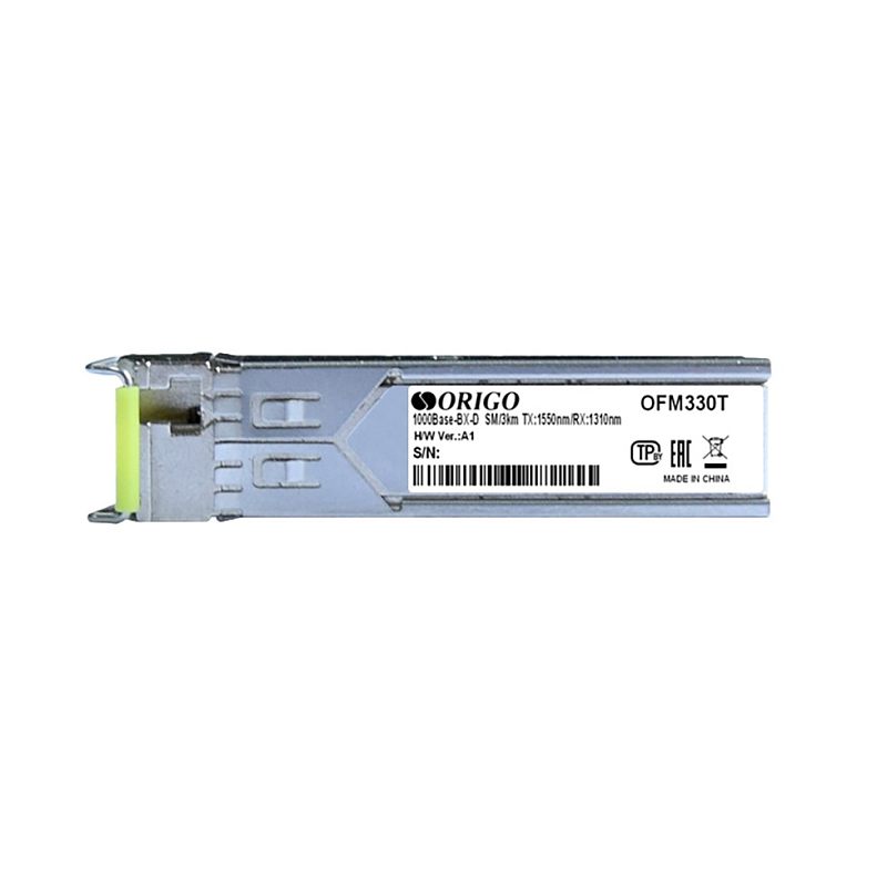 Фото-1 Трансивер SFP ORIGO OFM330T, вид сбоку: на наклейке читается «OFM330T» и «1000Base-LX SM/10km 1310nm», видна металлическая рамка порта и фиксатор. На белом фоне для карточки товара, чтобы сверить точную модель и тип оптики.