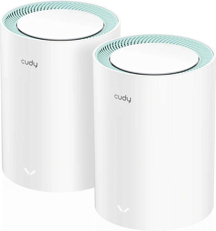 Фото-1 Mesh‑роутер Cudy M1500, два модуля на белом фоне: два белых цилиндрических корпуса с логотипом cudy и верхней круговой вентиляцией с бирюзовым оттенком, V‑образные индикаторы у основания; важно для понимания состава набора 2‑pack.