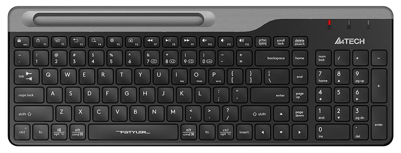 Фото-1 Клавиатура A4Tech Fstyler FBK25 Black, вид сверху: тонкая беспроводная клавиатура с чёрными низкопрофильными клавишами, цифровым блоком и серой верхней планкой с продольным пазом для смартфона или планшета; изображение на белом фоне для карточки товара, показывает раскладку и встроенную подставку для устройств.