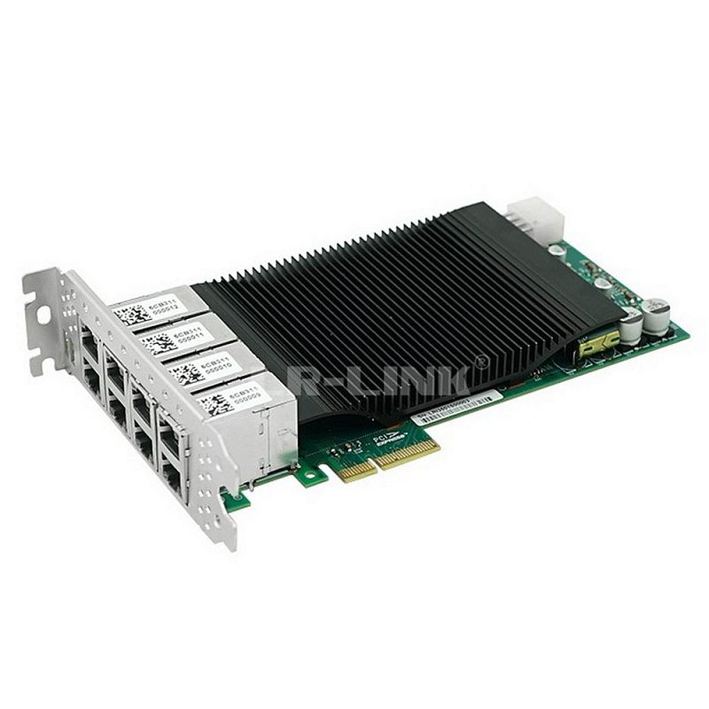 Фото-1 Сетевая карта LR‑LINK (Intel I350) на 8 портов, вид под углом; металлическая планка с восемью портами RJ‑45 (2×4), крупный чёрный ребристый радиатор на плате PCIe; на белом фоне для оценки плотности портов на странице товара.