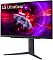 Фото-2 Монитор LG UltraGear 27GR83Q-B &mdash; вид спереди под углом; экран с заставкой LG UltraGear, тонкие рамки; стойка и широкая V‑образная подставка, чёрный/графитовый цвет на белом фоне; помогает оценить форму подставки и рамок в карточке товара.