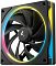 Фото-6 Корпусный вентилятор DeepCool FL12 SE, ракурс спереди под углом, чёрная рамка с крепёжными отверстиями, чёрные лопасти, кольцо многоцветной подсветки и боковая световая вставка жёлтого цвета