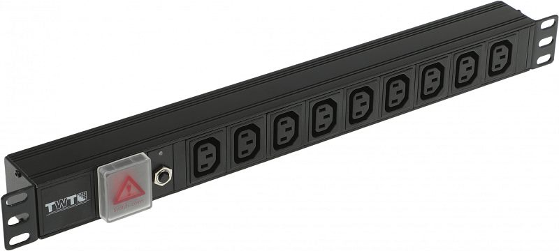 Фото-1 Блок розеток TWT TWT-PDU19-10A9C3: общий вид под углом, ряд розеток IEC60320 C13 на лицевой панели 1U, слева выключатель подокер под прозрачной крышкой и металлический элемент с гайкой; чёрный корпус с монтажными ушами — для понимания конфигурации разъёмов на странице товара.