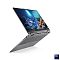 Фото-13 Ноутбук-трансформер Lenovo Yoga 7 2-in-1 16ILL10 83JT0000US, режим подставки с клавиатурой вниз. Видны экран с тонкими рамками, нижняя часть корпуса, шарниры 360 градусов и серый металлический корпус. Фото важно для страницы товара, потому что показывает устойчивую конфигурацию для просмотра контента и конструкцию основания.