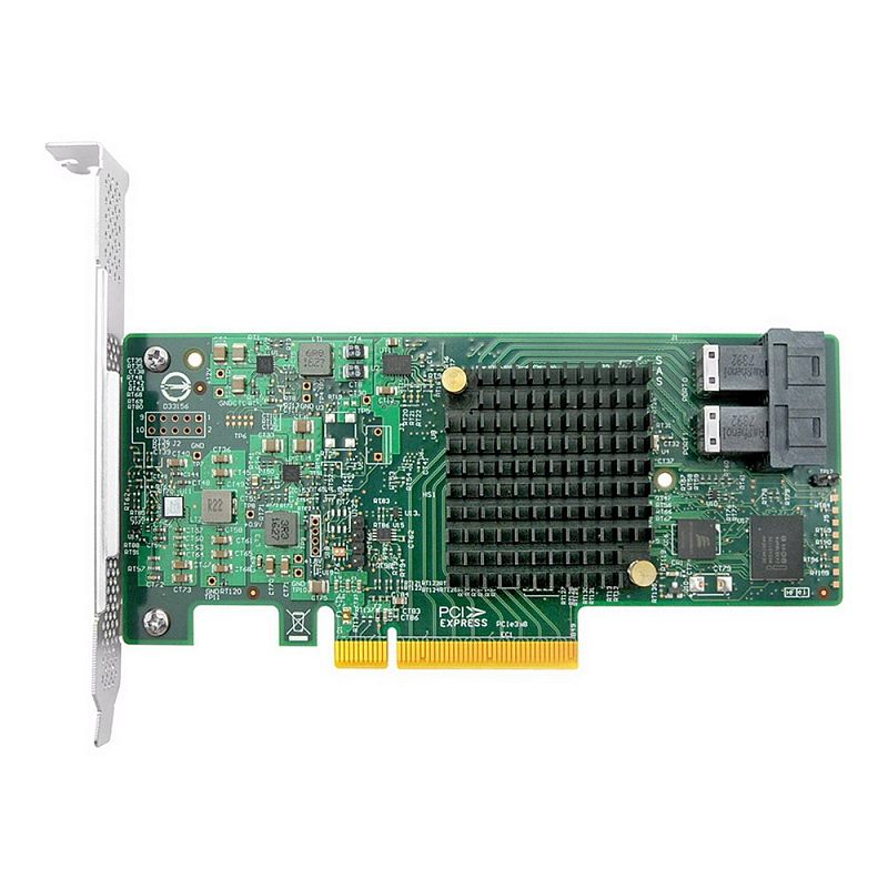 Фото-1 Адаптер главной шины ACD 9311-8i (ACD SAS3008-8R), вид сверху: зелёная плата PCI Express с крупным чёрным радиатором и двумя внутренними разъёмами SAS на правом краю, серебристая монтажная планка; помогает оценить расположение портов для подключения дисков.