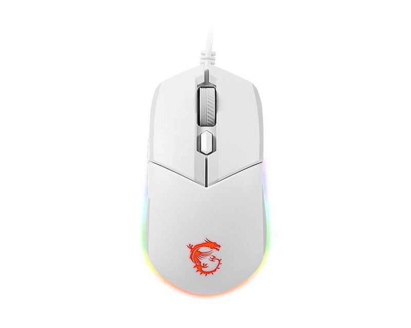 Фото-1 Проводная мышь MSI Clutch GM11 White, белая, вид сверху; белый корпус с серым колесом и центральной кнопкой, RGB-подсветка по бокам и снизу, логотип MSI на спинке; изображение показывает цветовое исполнение и основные элементы игровой мыши.