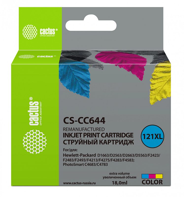 Фото-1 Струйный картридж Cactus CS-CC644, лицевая сторона упаковки; зелёно-серая коробка с подвесом, голубым кругом 121XL, надписью Color и объёмом 18,0 мл, внизу размещены цветные индикаторы cyan, magenta и yellow; изображение на белом фоне важно для страницы товара, так как показывает модель и трёхцветный тип картриджа.