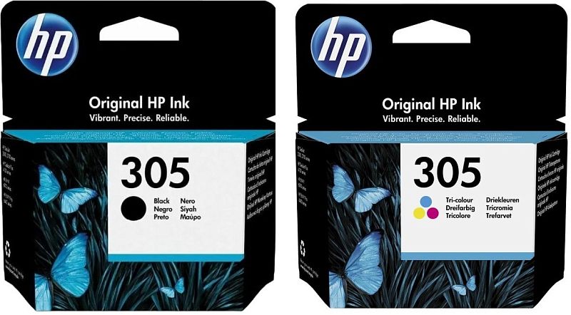 Фото-1 Картридж HP 305 6ZD17AE, фронтальный вид двух упаковок; слева показан чёрный вариант с чёрной точкой, справа трёхцветный вариант с метками CMY, на обеих коробках видны номер 305 и изображение голубых бабочек, для страницы товара важно как иллюстрация серии и различия цветовых исполнений упаковки.