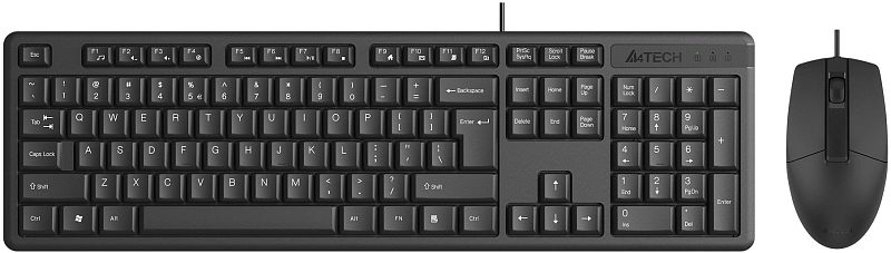 Фото-1 Проводной комплект клавиатуры и мыши A4Tech KR-3330S — вид сверху: полноразмерная клавиатура с цифровым блоком и мышь справа; чёрный пластик, кабели выходят сверху. Для страницы товара показывает комплектность и раскладку.