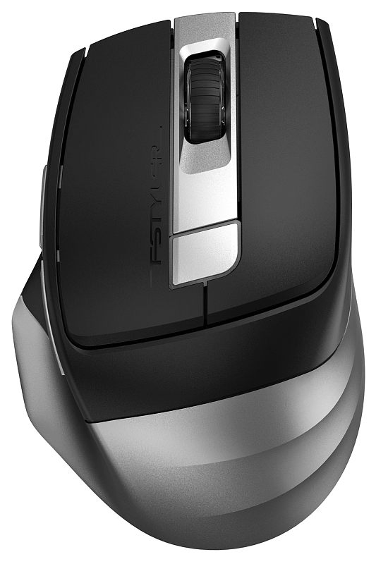 Фото-1 Мышь A4Tech Fstyler FB35C Smoky Grey, вид сверху. На фото чёрно-серый корпус с серебристой центральной вставкой, колесом прокрутки, основной кнопкой под колесом и рельефными боковыми линиями.