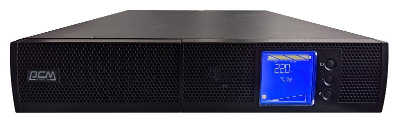 Фото-1 ИБП Powercom Sentinel SNT-1500, вид спереди: корпус чёрного цвета формата rack/tower 2U с перфорированной фронтальной панелью, синим LCD-дисплеем и тремя круглыми кнопками управления; фото показывает лицевую часть и экран индикации для страницы товара ИБП.