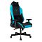 Фото-1 Игровое кресло Knight Neon LBlue, чёрно-голубое, вид спереди под углом на белом фоне; высокая спинка с подушкой под шею, центральные вставки с шестиугольным рисунком, голубые боковые панели, поясничная подушка, подлокотники и основание на колёсах; изображение показывает цвет и посадочную форму модели для страницы товара.