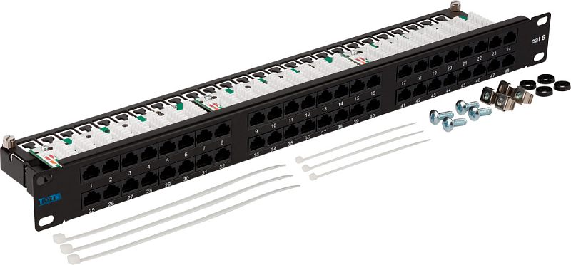 Фото-1 Патч‑панель LANMASTER TWT‑PP48 1U (Cat.6), вид под углом: 48 портов RJ‑45 в два ряда с нумерацией, сверху белые IDC‑клеммы и цветовая маркировка, рядом стяжки, винты и клеточные гайки; чёрная, помогает оценить подключение и комплект на странице товара.