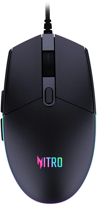 Фото-1 Проводная мышь Acer Nitro OMW400, вид сверху. На фото чёрный корпус с центральной кнопкой за колесом, логотипом Nitro и светящимися полосами по контуру боков и задней части. Этот ракурс важен для страницы товара, чтобы показать верхнюю компоновку и световой контур корпуса.