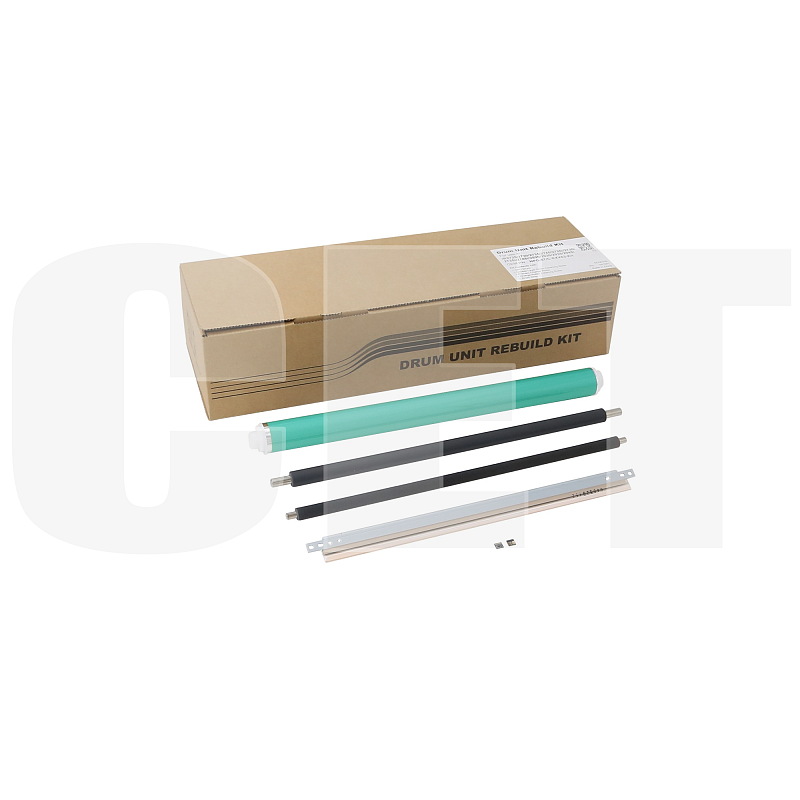 Фото-1 Комплект восстановления CET C-EXV63 Kit CET501041 — общий вид комплекта; коробка с надписью DRUM UNIT REBUILD KIT и разложенные детали: зелёный цилиндрический барабан, два чёрных вала/ролика, длинный металлический ракель/лезвие и мелкие элементы; на белом фоне; показывает состав набора для ремонта узла барабана.