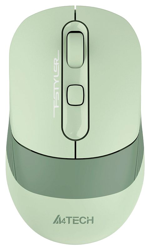Фото-1 Беспроводная мышь A4Tech Fstyler FB10C Matcha Green, вид сверху; видны две основные кнопки, колесо прокрутки и кнопка переключения режимов под колесом, корпус светло‑зелёный с тёмно‑зелёной вставкой у основания. Фото показывает органы управления и цвет конкретной версии товара.